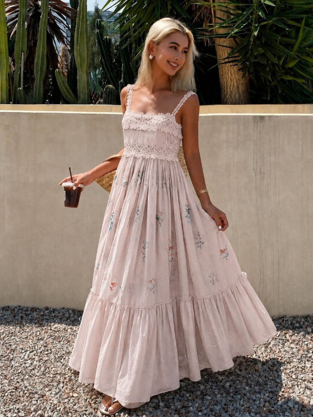 Caroline Constas Daisy Lace Maxi Dress NWT Floral Embroidered Pink Size Large